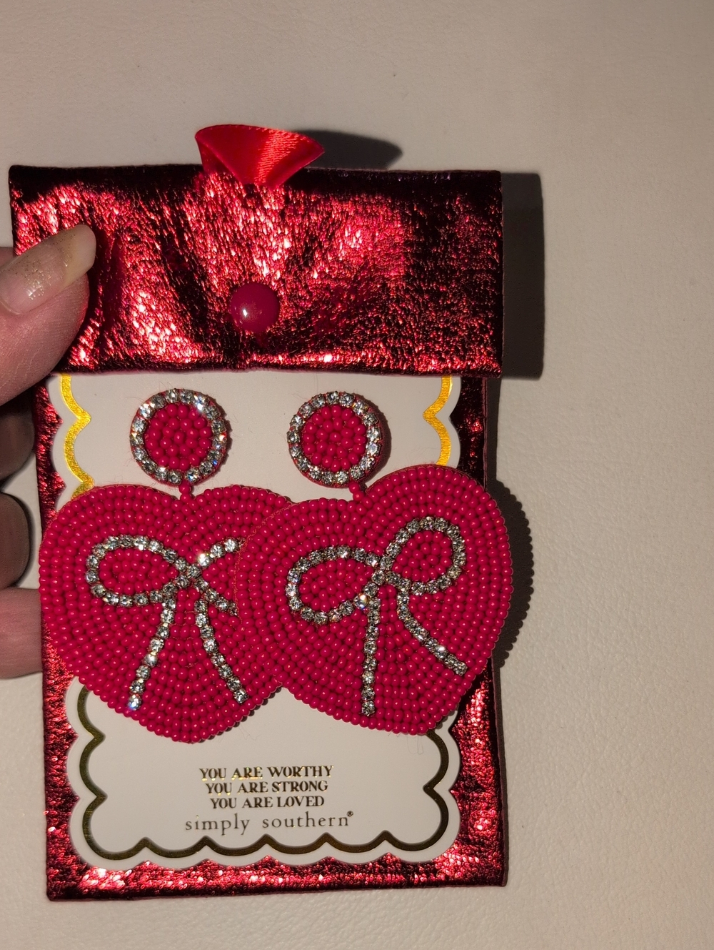 Simply Southern Pierced Red Beaded Heart Earrings with Rhinestone Bows - Picture 1 of 6